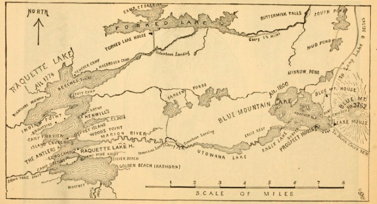 1890 Map of Raquette Lake by Seneca Ray Stoddard makes no mention of a Thacher cabin.