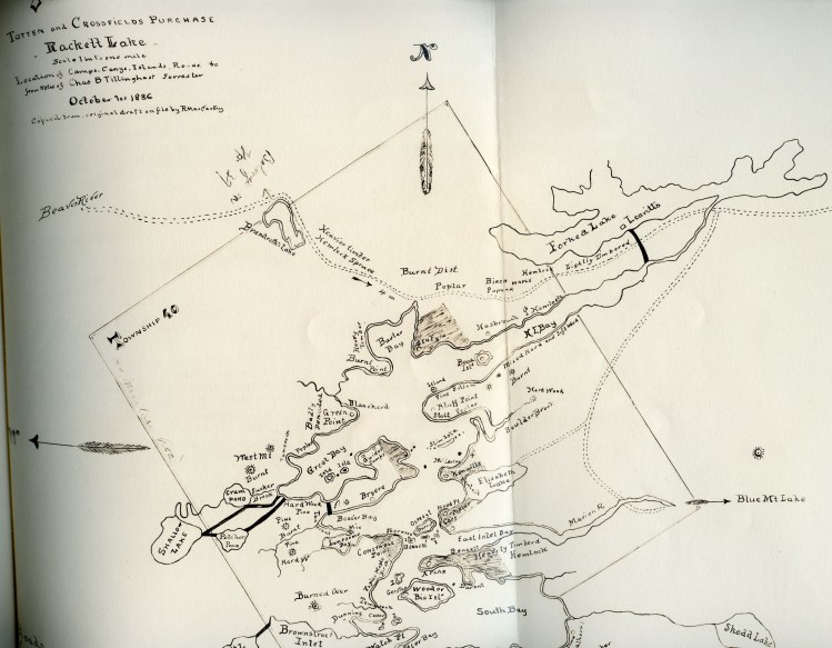 Survey  Map Raquette Lake in 1886 shows the Thacher property in gray but no structure on the point.