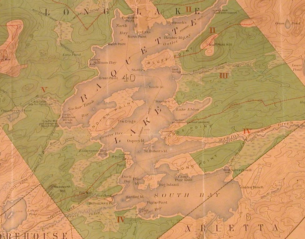 Map of Township 40 in 1900 shows the Thacher property line traversing Indian Point, but no cabin   location.
