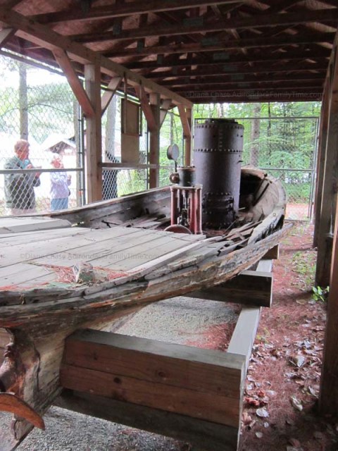 The remains of Buttercup were raised from the lake bottom in 1959 and are exhibited behind the Long Lake Town Hall.  Photo courtesy of Diane Chase and adirondackalmanac.com